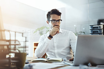 Buy stock photo Laptop, thinking and business man in office, working on project or email. Computer, professional and male person problem solving, looking for solution or planning, reading or focus on decision making