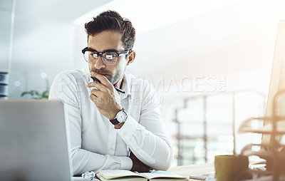 Buy stock photo Computer, thinking and business man in office, working on project or email. Laptop, professional and male person problem solving, looking for solution or planning, reading or focus on decision making