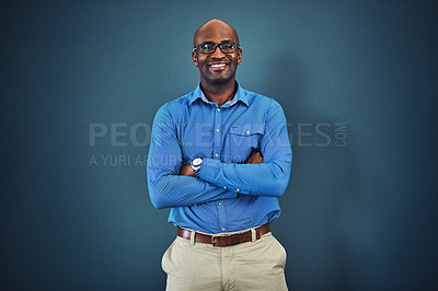 Buy stock photo Confident, proud business man feeling happiness, confidence and motivation indoors. Portrait of a smiling male tech worker ready to work in a leadership role in his corporate company
