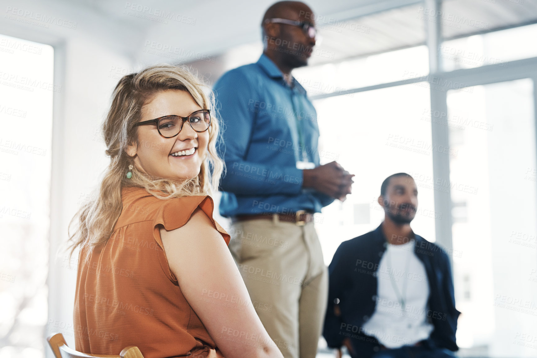 Buy stock photo Office, business and portrait of happy woman in meeting with staff for workshop, training and teamwork. Creative agency, startup and worker for planning, collaboration and feedback in presentation