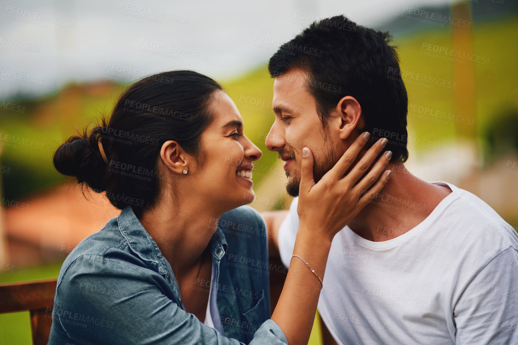 Buy stock photo Love, date and smile with couple in park for romance, bonding and summer vacation. Happiness, commitment and care with man and woman relax in hug in nature for marriage, support and partnership