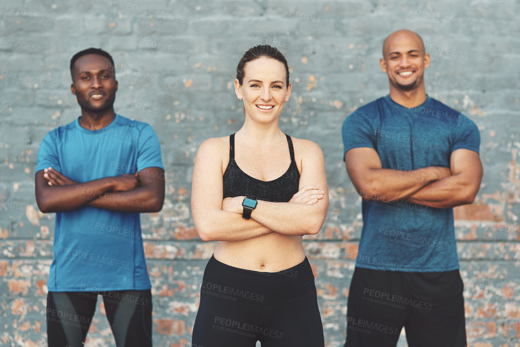 Buy stock photo Face, health and woman by brick wall for confidence with diversity, sports and serious team. Fitness, wellness and portrait of female athlete outdoor with pride for workout, global group and exercise