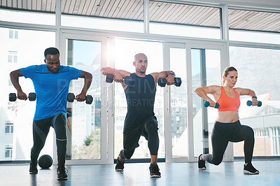 Buy stock photo Fitness, weights and arm exercise in gym, diversity and people in wellness centre for training and lunges for muscles. Coaching, health and support for workout challenge, active with athletes