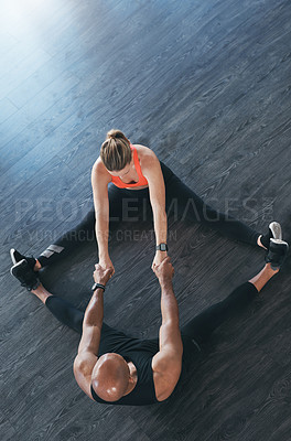 Buy stock photo Top view, fitness and couple stretching in gym, endurance and hobby for bonding together and wellness. Exercise, man and woman with workout and training with health, pilates and progress with support