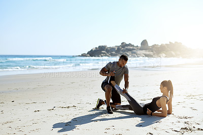 Buy stock photo Warm up, running and couple on beach for start of training, fitness and personal trainer. Race, exercise and marathon cardio with people in nature for health, sports and stretching performance