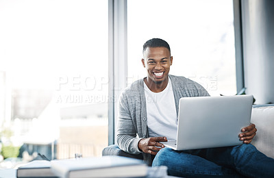 Buy stock photo Portrait, man and remote work with laptop in home office on sofa with online research for writing project. Email, communication or creative writer post article to website with internet connection