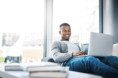 Buy stock photo Man, portrait and remote work with laptop in home office on sofa with online research and writing code. Email, communication and happy web developer with website, software and networking with client