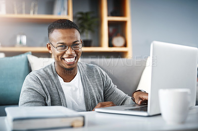 Buy stock photo Laptop, home and portrait of man or student with e learning, university online course or college studying in living room. Happy, excited and young african person on computer for scholarship research