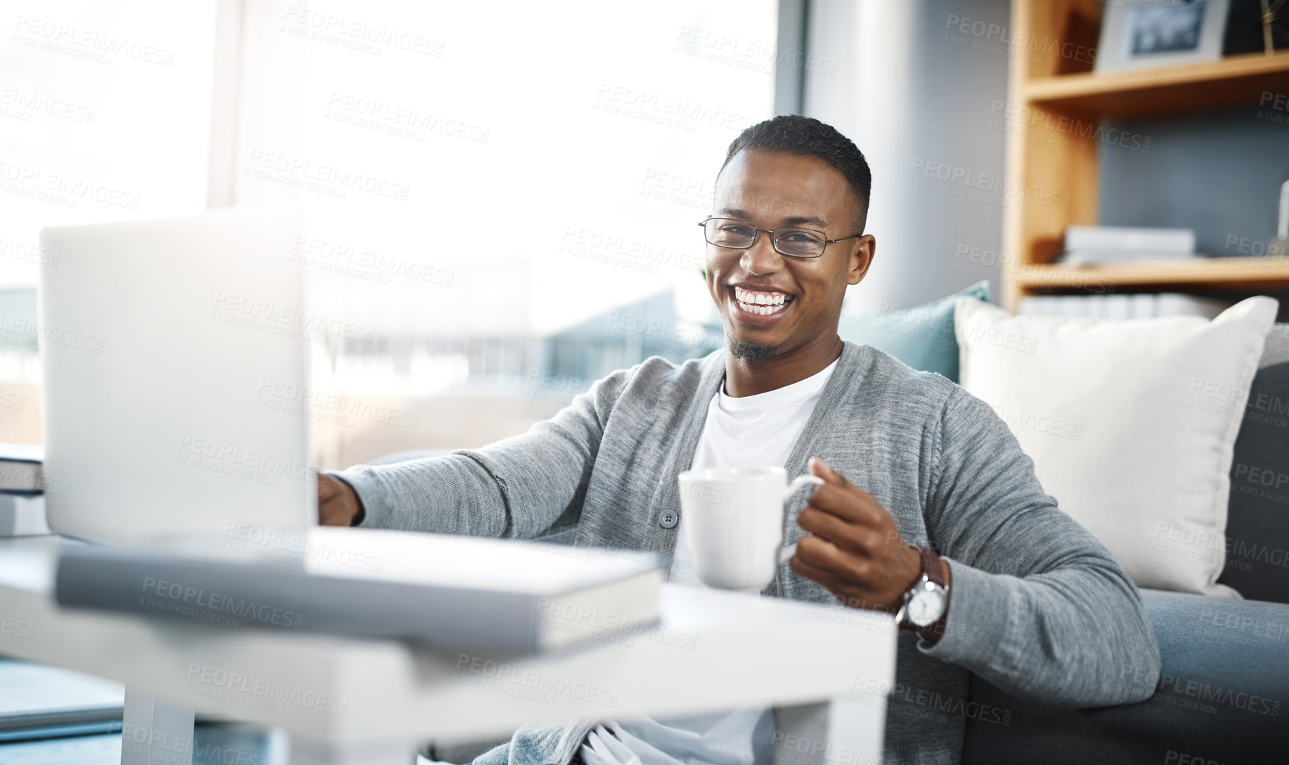 Buy stock photo Computer, home portrait and man with coffee for online education, college e learning and studying in living room. Happy african person on floor, tea and laptop for remote university or scholarship