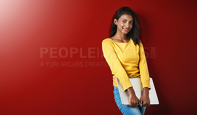 Buy stock photo Happy woman, student and studio portrait with a laptop for university and school work with mockup. Isolated, gray background and education of Indian female person with smile and computer for college
