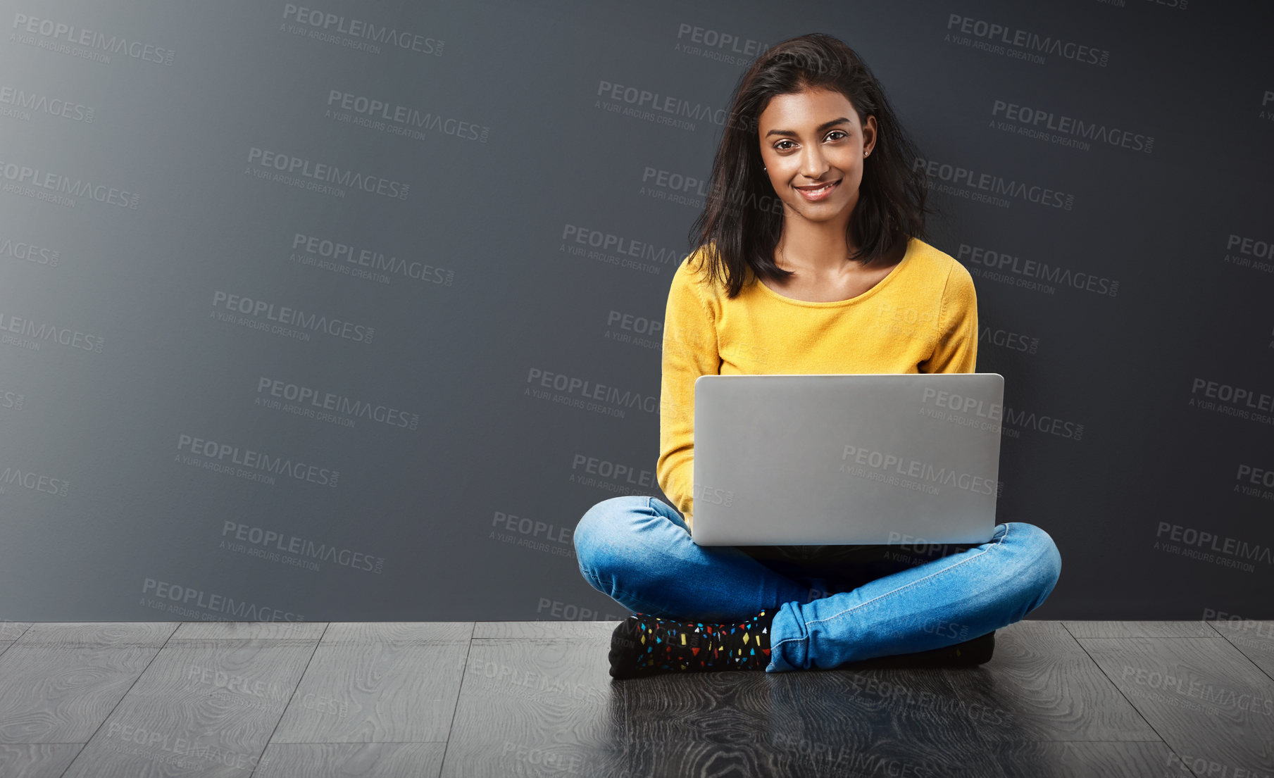 Buy stock photo Woman with smile, laptop and technology, student typing with education, mockup space and portrait. Happy, learning and female person studying, research online for project and internet connection