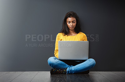 Buy stock photo Woman, laptop and technology, student typing report with education, mockup space and connectivity. Focus, concentration and female person studying, research online for project and internet connection