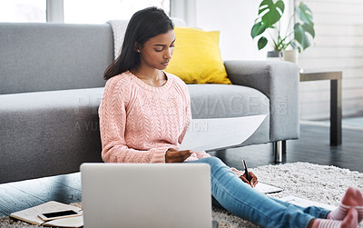 Buy stock photo Home, student on floor and girl with laptop, document and study for exam and distance learning. Apartment, college or woman with computer and paperwork for project, tech or education with deadline