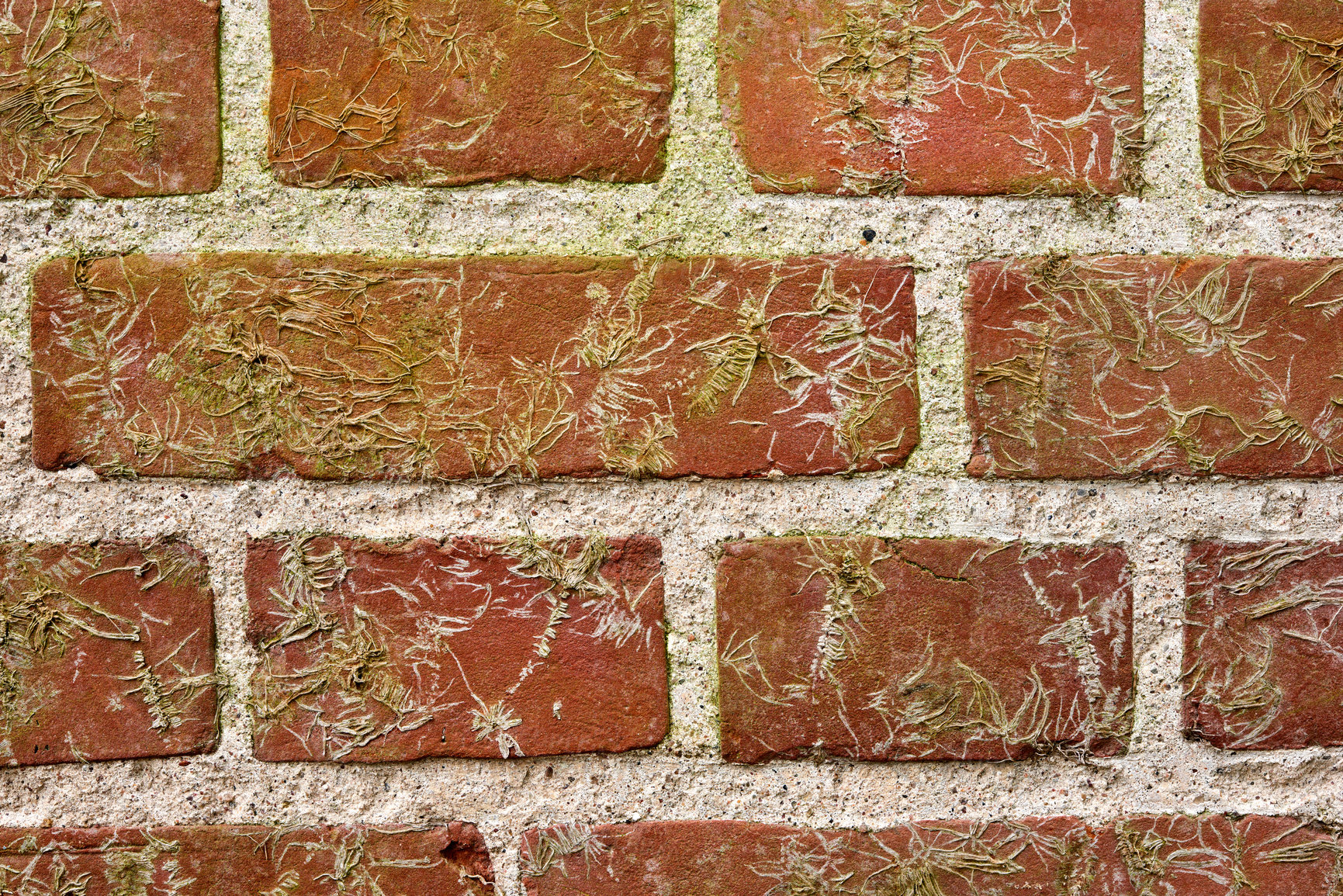 Buy stock photo Closeup of weathered red brick wall and copy space on the exterior of a house or city building. Texture and detailed perspective of rough architecture construction design with moss growing on it