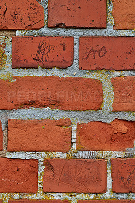 Buy stock photo Closeup of red brick wall and copy space on the exterior of a home, house, or city building. Texture, detail of rough architecture construction design of face brick on an old 
decaying structure 