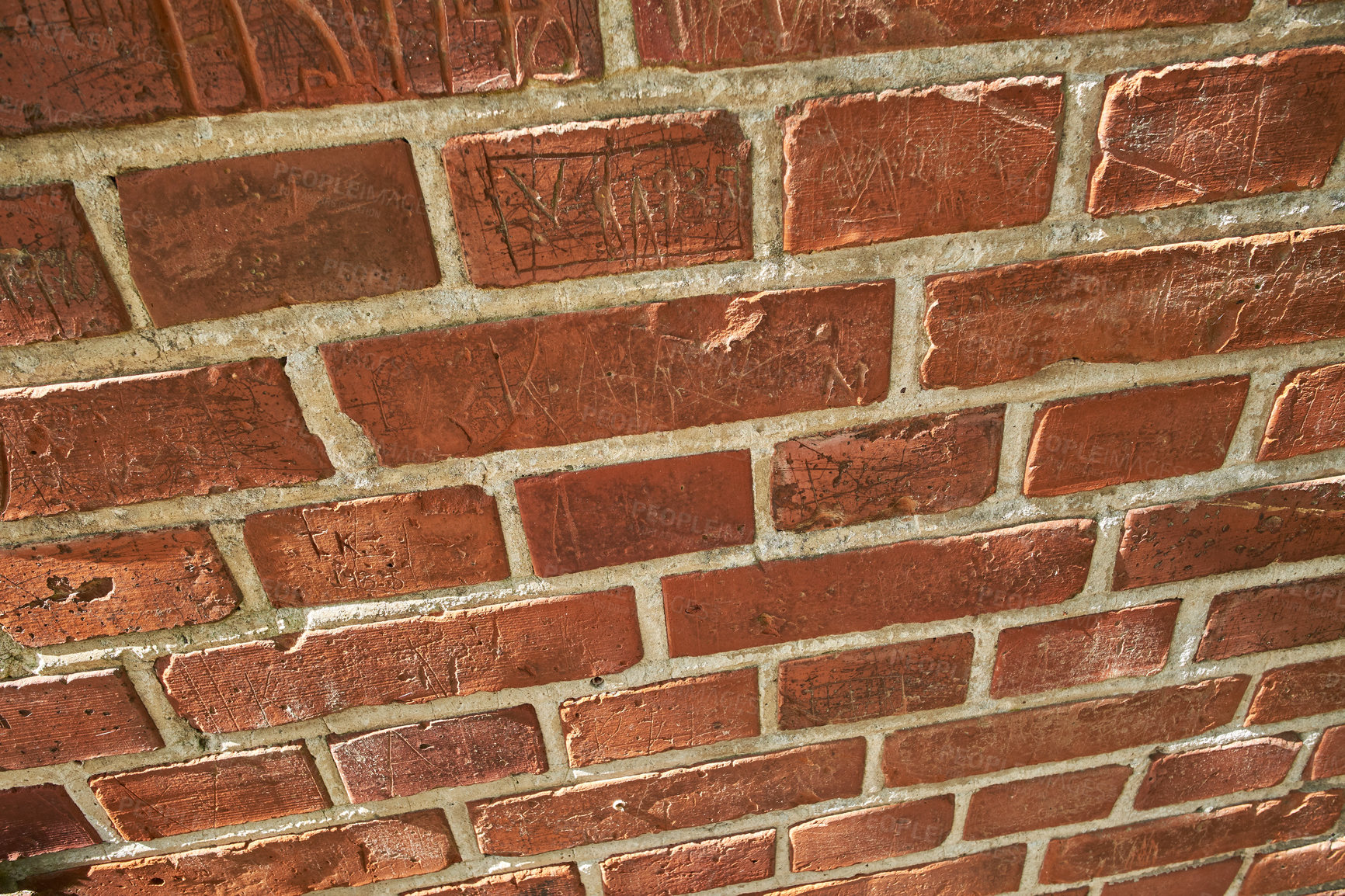 Buy stock photo Closeup of weathered red brick wall and copy space on exterior of a home, house or city building. Texture, detail background, perspective of rough architecture or construction design on old structure