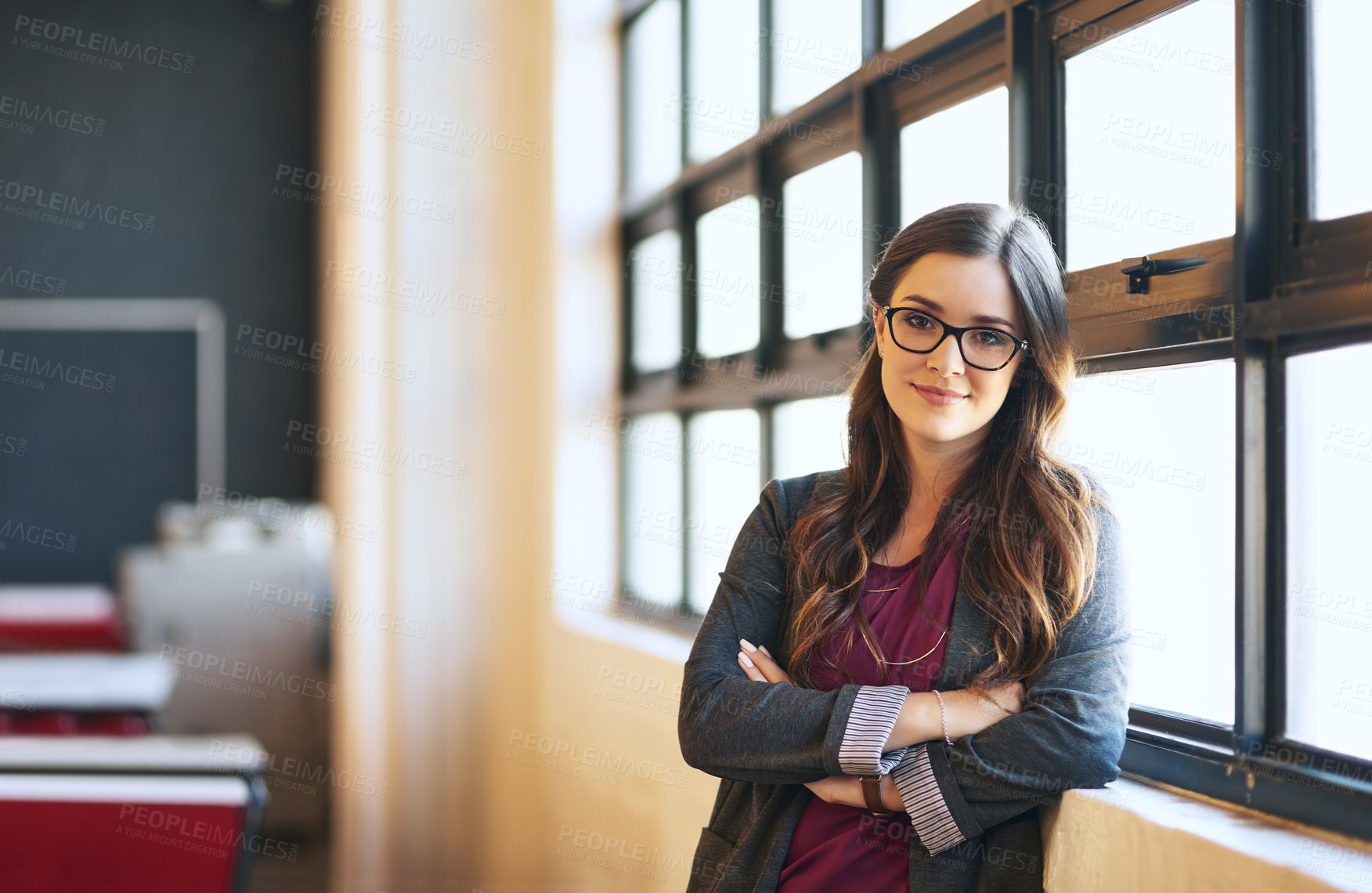 Buy stock photo Business, crossed arms and portrait of happy woman in office with confidence, pride and smile. Creative company, professional and person by window for startup career, working and job opportunity