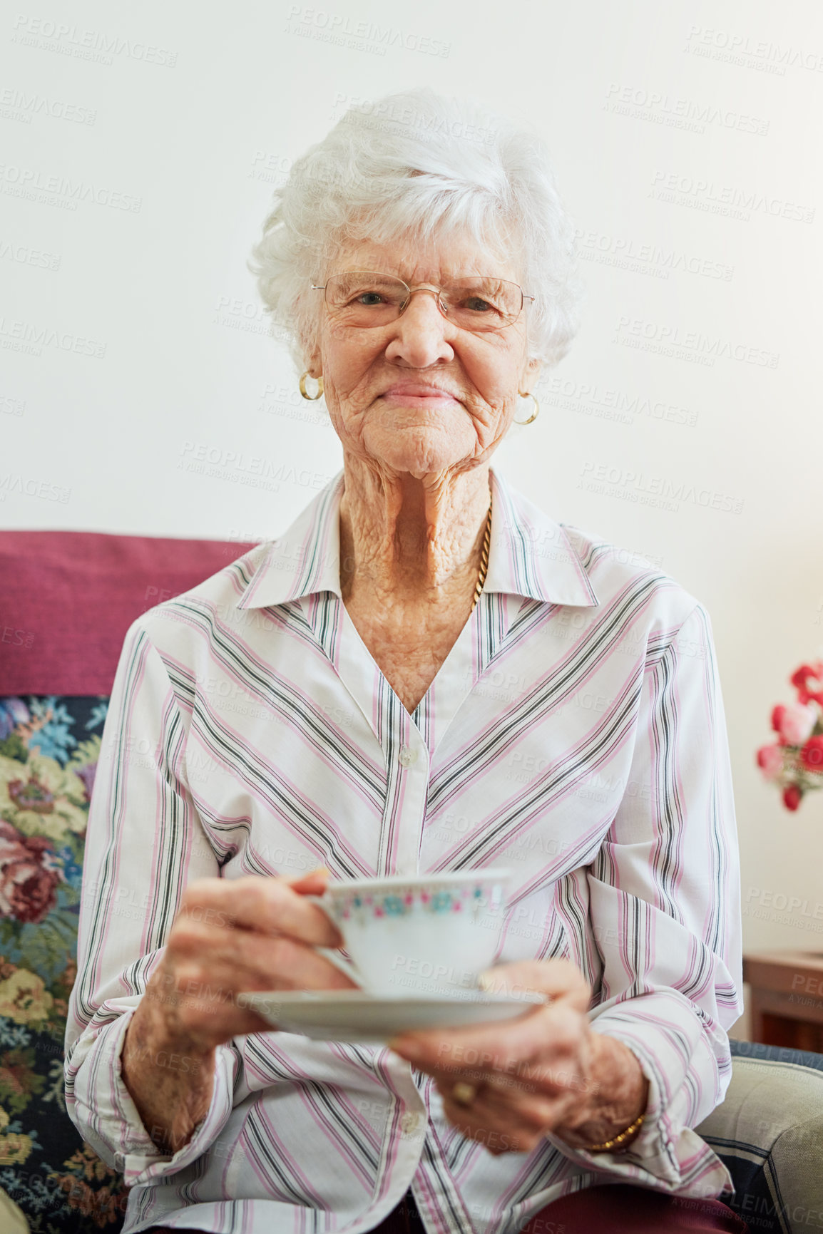 Buy stock photo Portrait of s senior woman having a cup of tea
