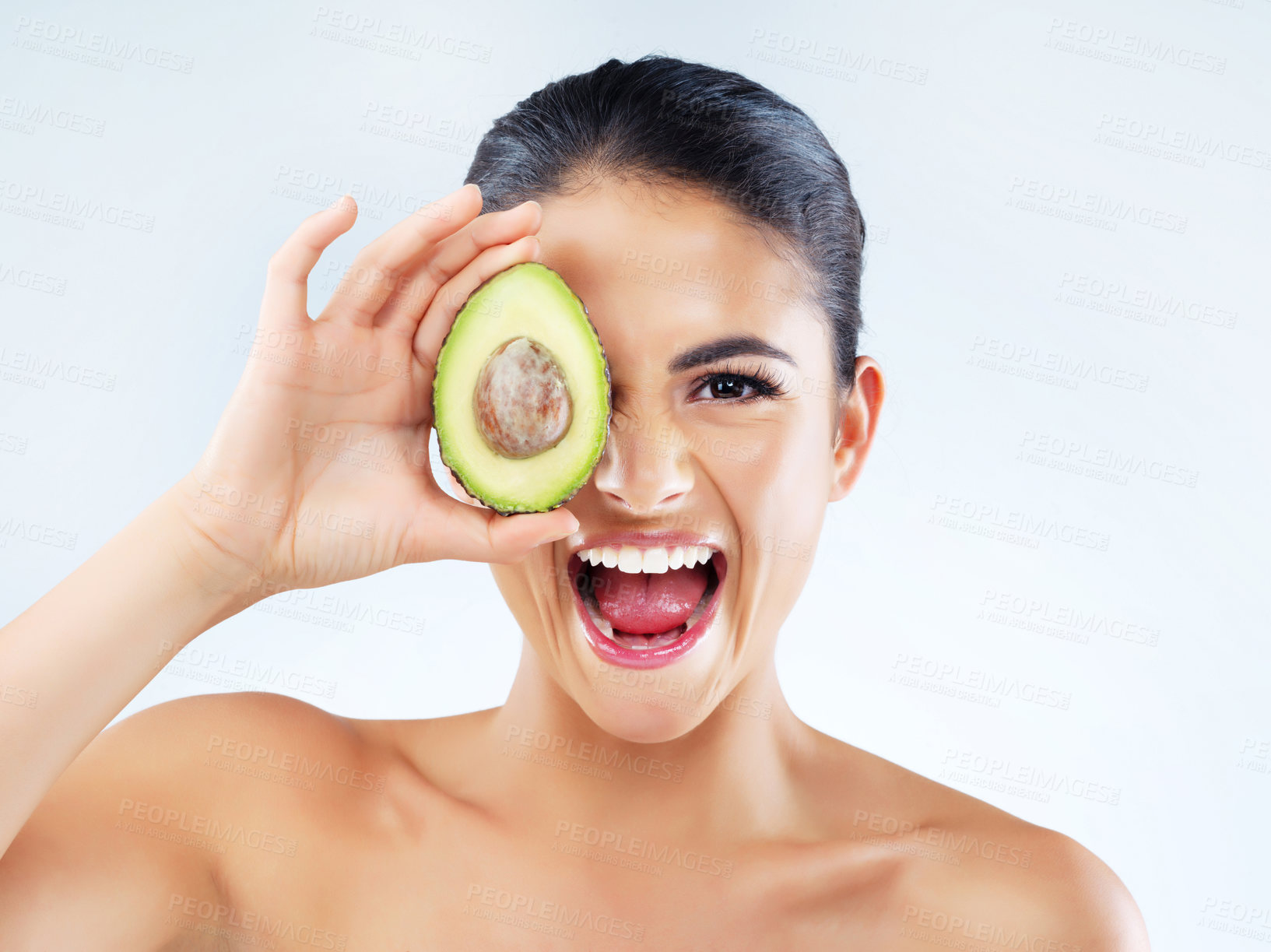 Buy stock photo Skincare, happy woman and portrait in studio with avocado for anti aging, moisturize or glowing skin with white background. Natural, fruit and hand for vitamin C, wellness or organic cosmetics