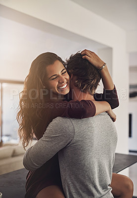 Buy stock photo Happy young couple hugging in home for love, romance and caring bond together with excited partner. Woman, man and hug of lovers in relationship, dating and smile for happiness, care and loyalty 