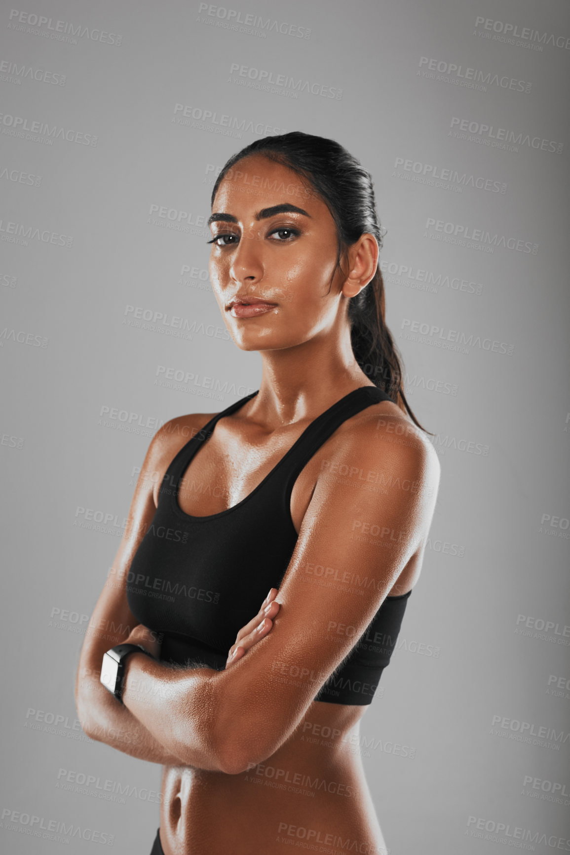 Buy stock photo Fitness, confident and portrait of woman in studio for body workout, training or challenge with weightloss. Pride, sports and Indian female athlete with exercise for wellness by white background.