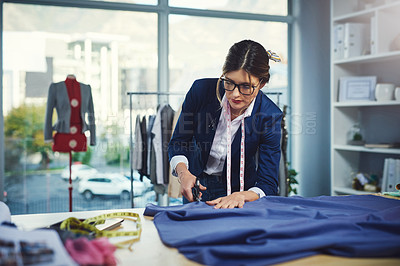 Buy stock photo Woman, designer and fabric in boutique for fashion with red mannequin, tape measure and clothes. Tailor, creative job and material in workshop with scissors for textile, retail industry and startup