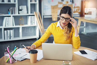 Buy stock photo Laptop, stress and business woman in office with research for creative project with documents. Overwork, paperwork and fashion designer with burnout work on development with computer in workplace.
