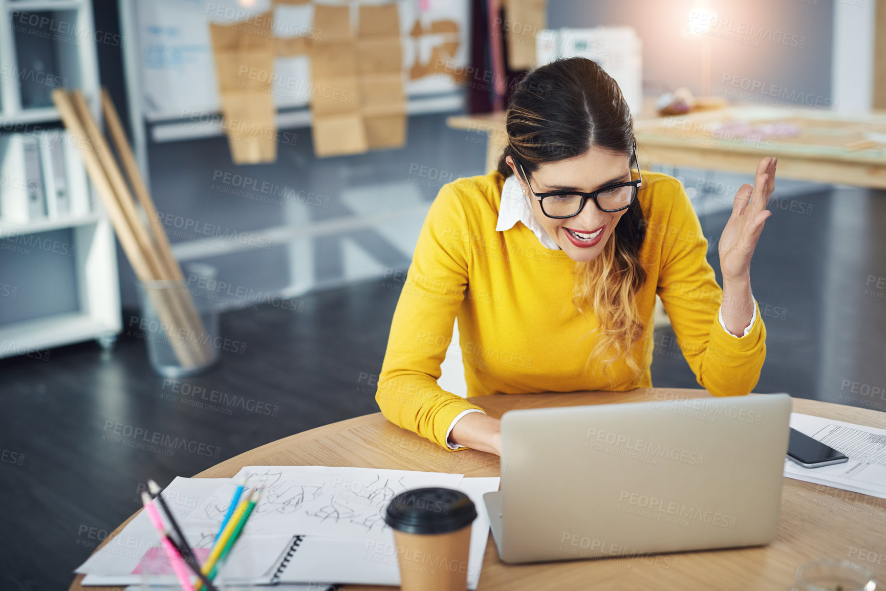 Buy stock photo Excited, online meeting and woman in office, video and small business owner with laptop. Technology, smile and fashion designer with frustration on computer, success and happy on call with suppliers