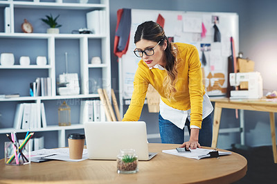 Buy stock photo Laptop, woman and planning in office for online, email and internet for small business owner. Technology, read and paperwork for interior designer, strategy and creative businesswoman with computer