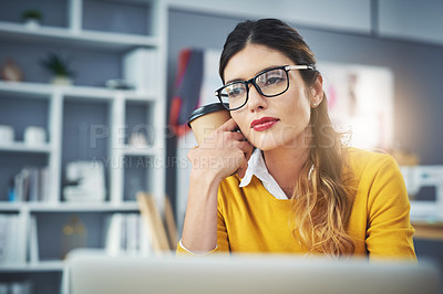 Buy stock photo Thinking, coffee and woman in office and tired, laptop and pensive from burnout in workplace. Exhausted, doubt and overtime for fashion designer, creative block and deadline for stress businesswoman