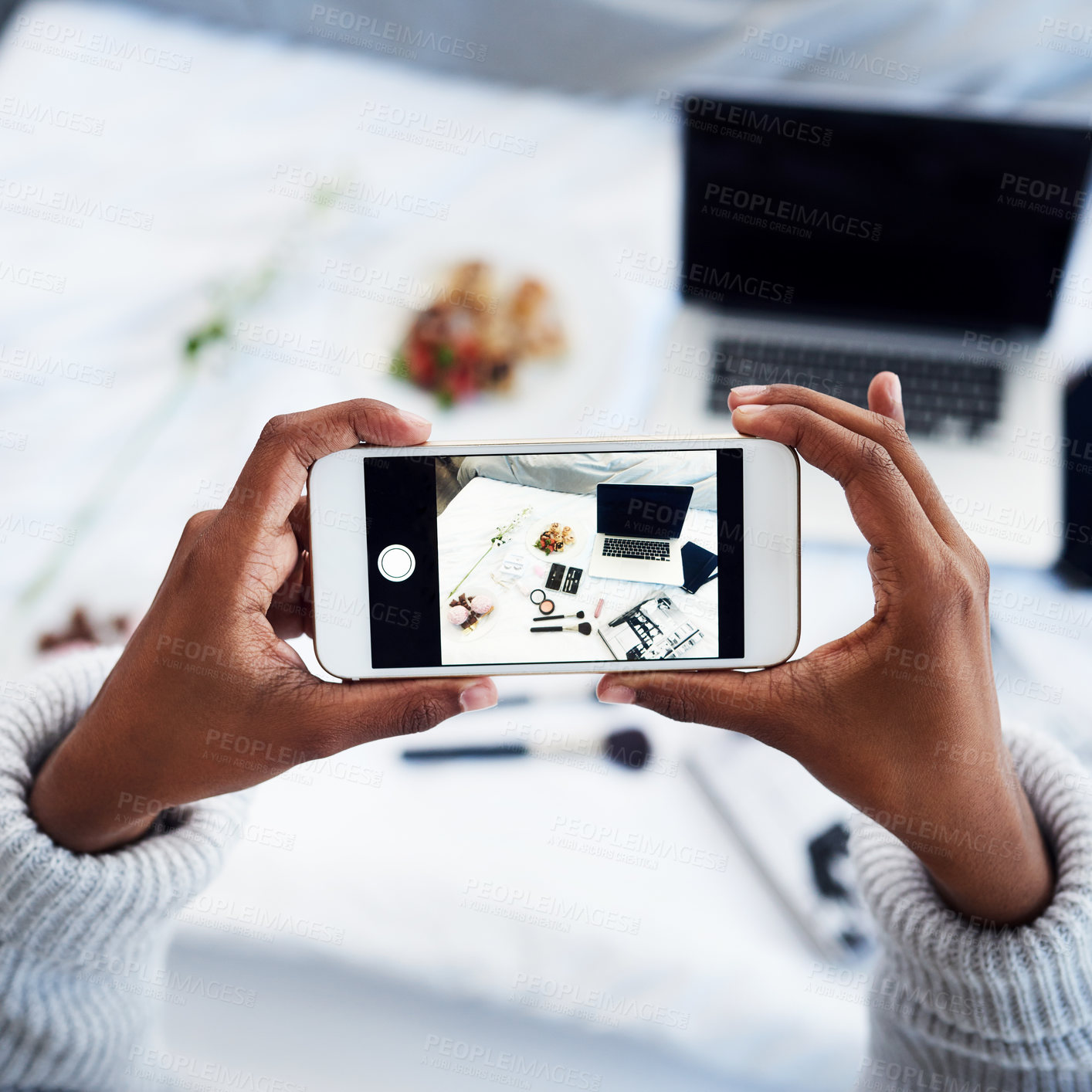 Buy stock photo Person, hands and cellphone screen with photography in home as content creator, beauty or influencer. Smartphone, makeup and bedroom for online communication or small business, top view or laptop