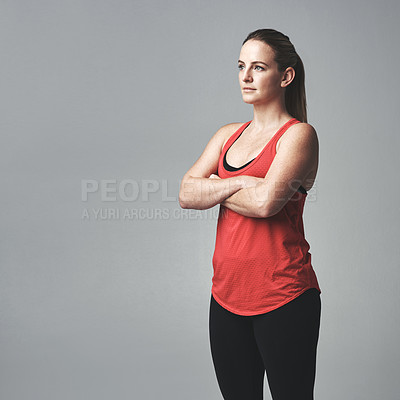 Buy stock photo Fitness, mockup or woman with arms crossed in studio for exercise, tips or body transformation on grey background. Wellness, vision and personal trainer with space for gym ,sign up or membership faq