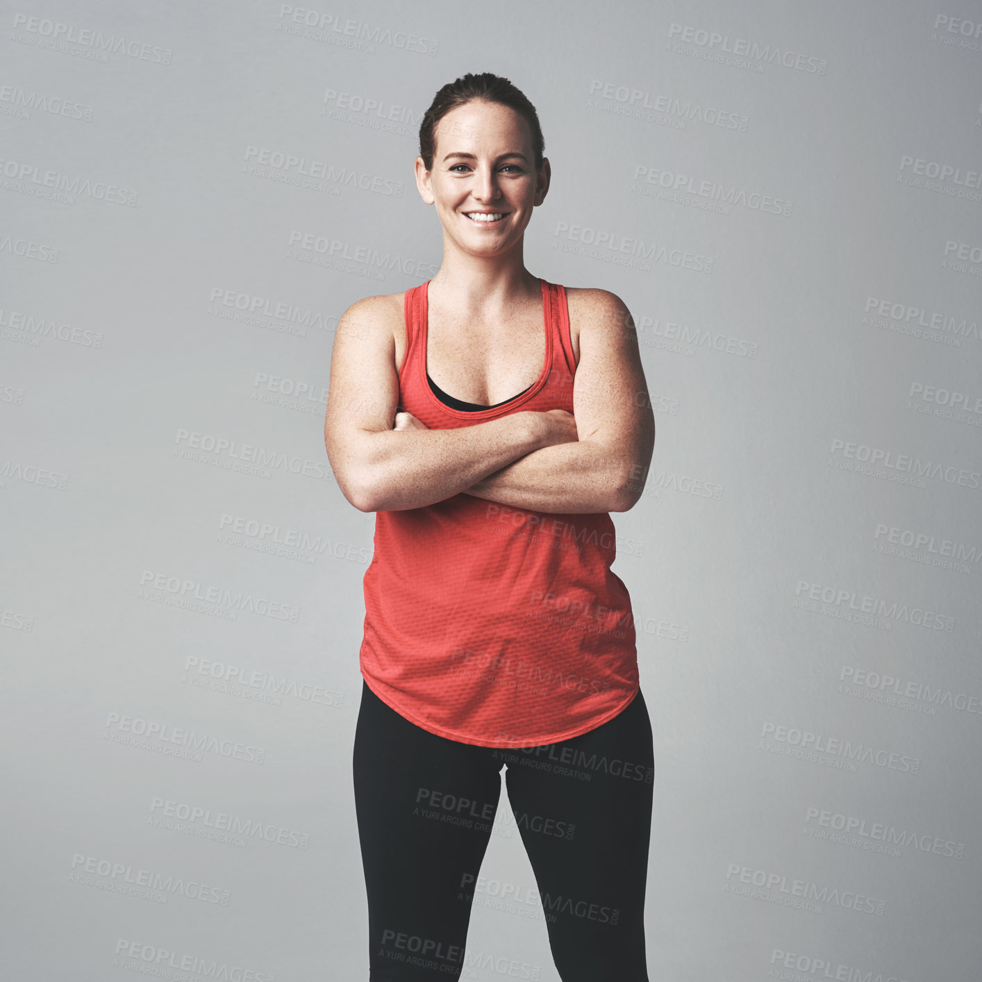 Buy stock photo Woman, portrait and confidence in studio for fitness, strong and sportswear for workout or training. Female person, athlete and arms crossed for exercise on gray background, health and body challenge