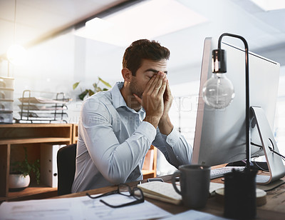 Buy stock photo Crisis, stress and tired businessman in office on computer working for deadline, pressure or online report. Corporate demand, eye strain and exhausted database administrator with fatigue or burnout