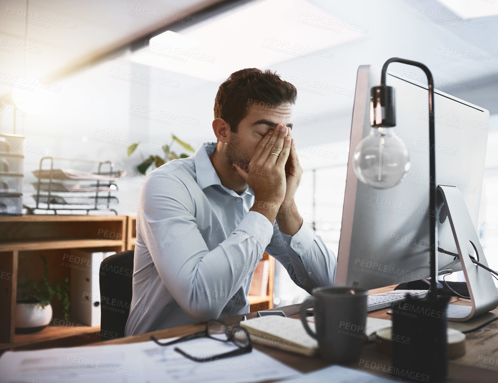 Buy stock photo Crisis, stress and tired businessman in office on computer working for deadline, pressure or online report. Corporate demand, eye strain and exhausted database administrator with fatigue or burnout