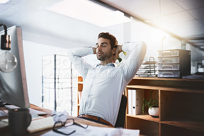 Buy stock photo Relax, resting and business man in office with hands on head for break, calm and peace at desk. Corporate worker, professional and person by computer done for project, working and finish in workplace