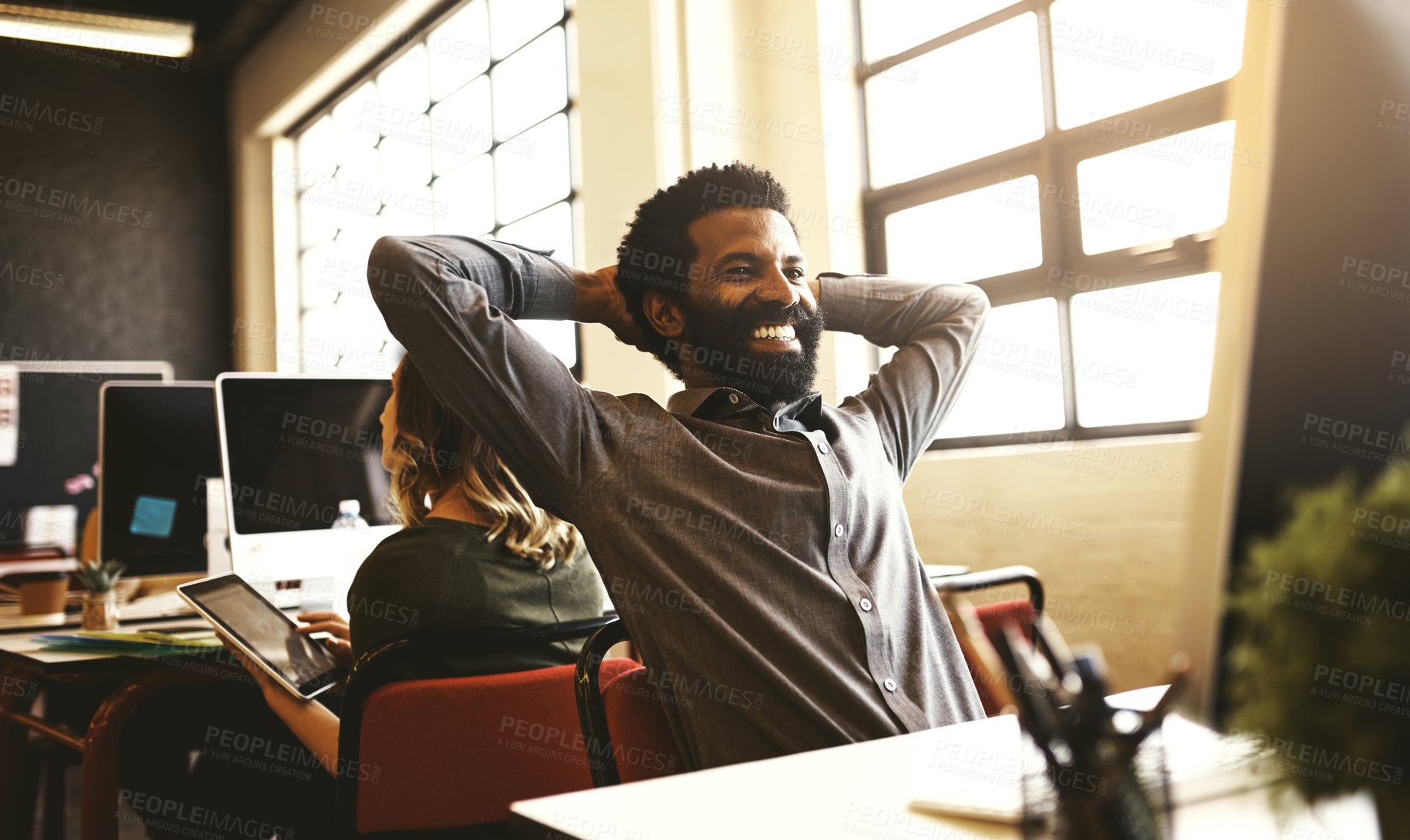 Buy stock photo Business people, calm and man with smile, computer and completed task with email for approval. Person, employee and journalist with pc, internet or finished task with copywriting or hand behind head