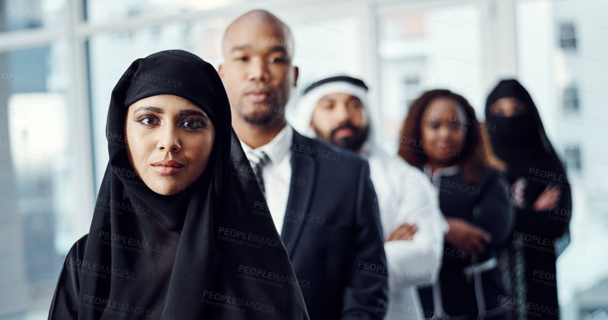 Buy stock photo Team, diversity and portrait of business woman in office for leadership, global conference or mission. Tradeshow, about us and synergy with group of employees at expo for workshop in seminar in Dubai