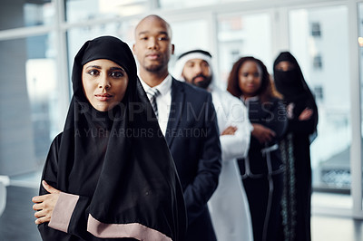 Buy stock photo Arms crossed, mission and portrait of business woman in office for leadership, global conference or team. Tradeshow, about us and support with group of employees for workshop, seminar and b2b
