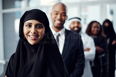Buy stock photo Team, smile and portrait of business woman in office for leadership, global conference or mission. Tradeshow, about us and support with group of employees at expo for workshop, seminar and b2b