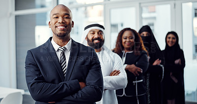 Buy stock photo Arms crossed, mission and portrait of business man in office for team building, leadership and about us. Global seminar, partnership and diversity with group of employees at event for expo in Dubai
