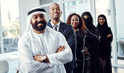 Buy stock photo Smile, diversity and portrait of business people in office for team building, mission and about us. Global seminar, partnership and leadership with group of employees at event for expo in Dubai