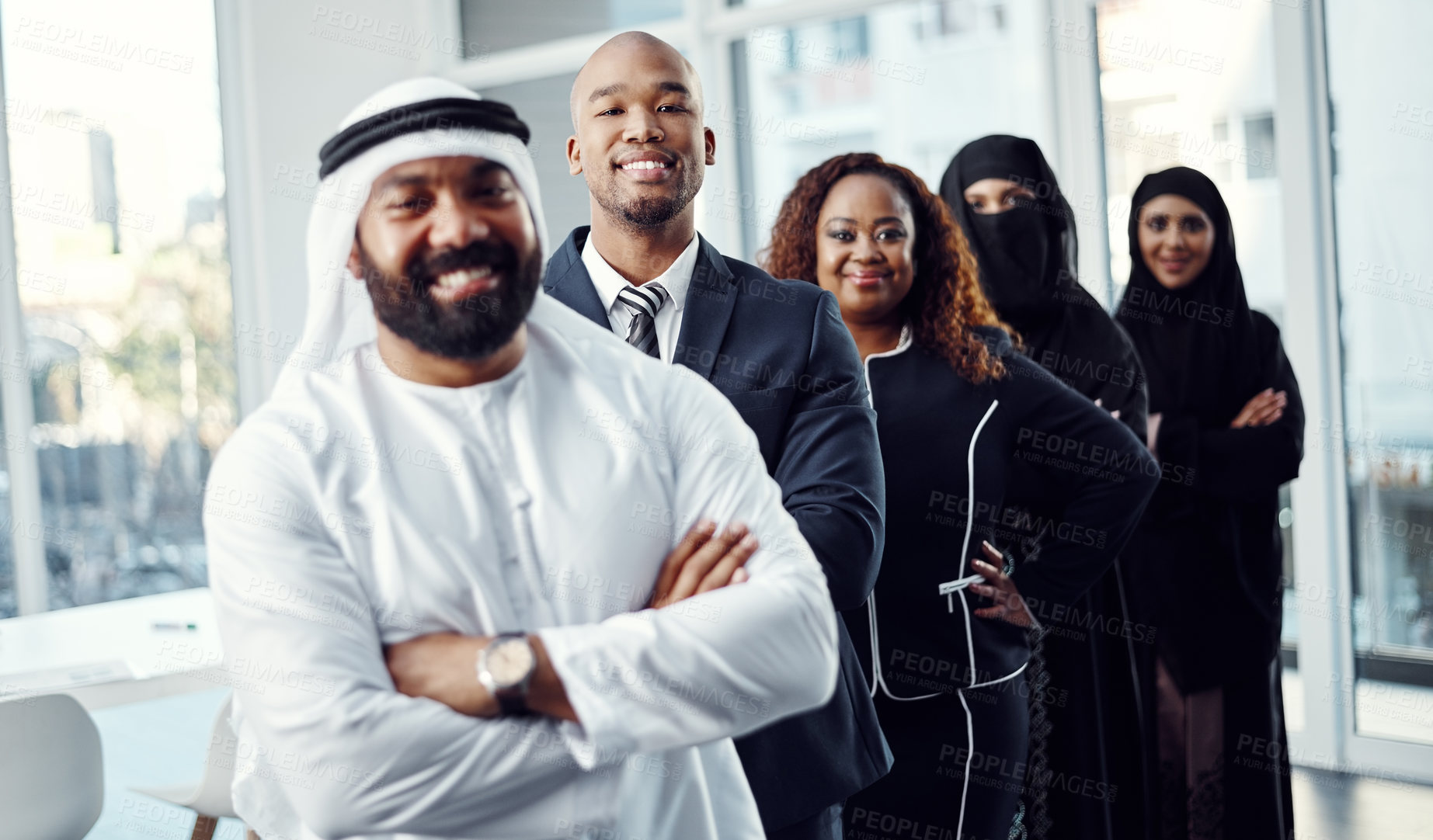 Buy stock photo Smile, diversity and portrait of business people in office for team building, mission and about us. Global seminar, partnership and leadership with group of employees at event for expo in Dubai