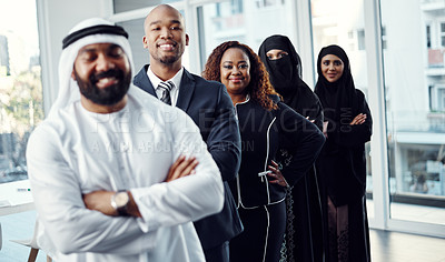 Buy stock photo Team, diversity and portrait of business people in office for leadership, global conference or mission. Tradeshow, about us or b2b with group of employees at expo for workshop, seminar and meeting