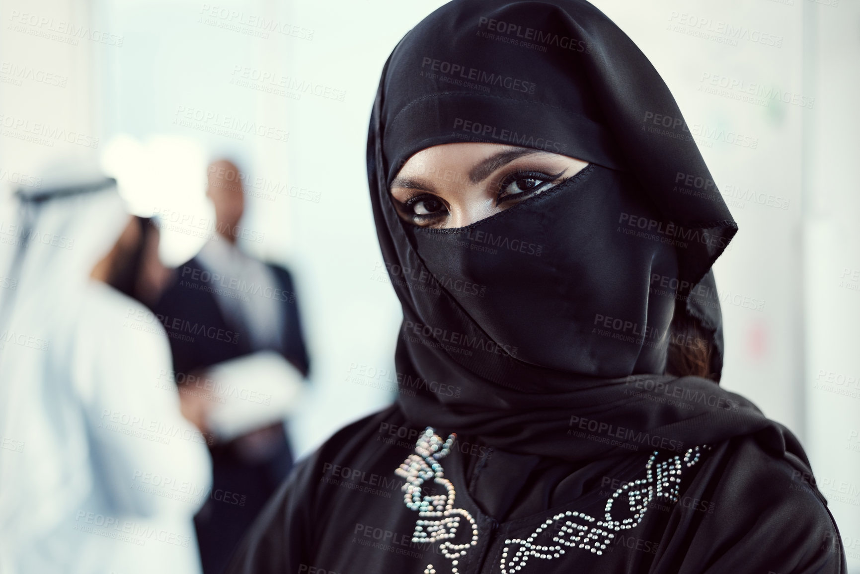 Buy stock photo Pride, portrait and business with muslim woman at conference for professional, about us and niqab. Global ambassador, representative and seminar with female employee at event, expo and workshop
