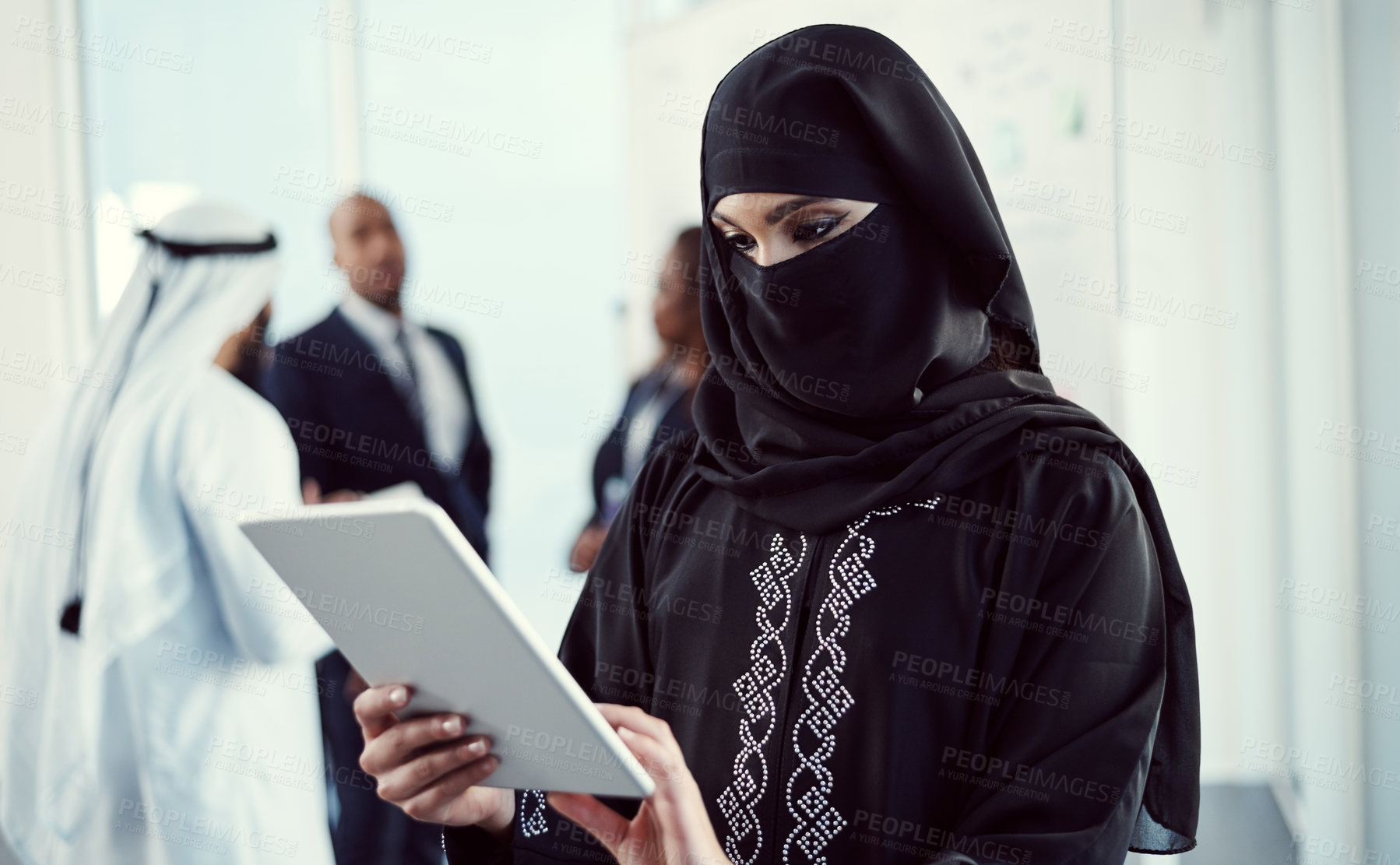 Buy stock photo Reading, tablet and business with Muslim woman at conference for middle east advisor, research and b2b. Global seminar, online report and scroll with person with niqab for Arab representative