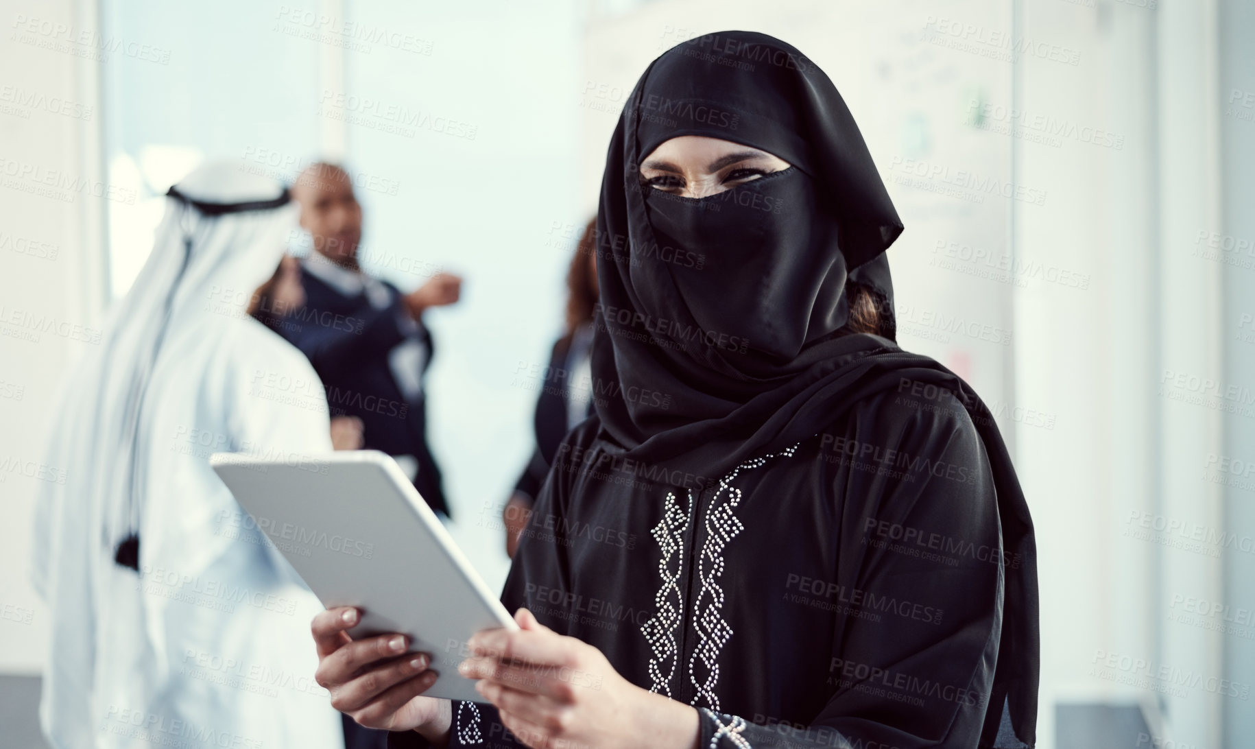 Buy stock photo Portrait, tablet and niqab with muslim business woman for middle east advisor, research and b2b. Global seminar, online report and scroll with female person at conferences for Arab representative