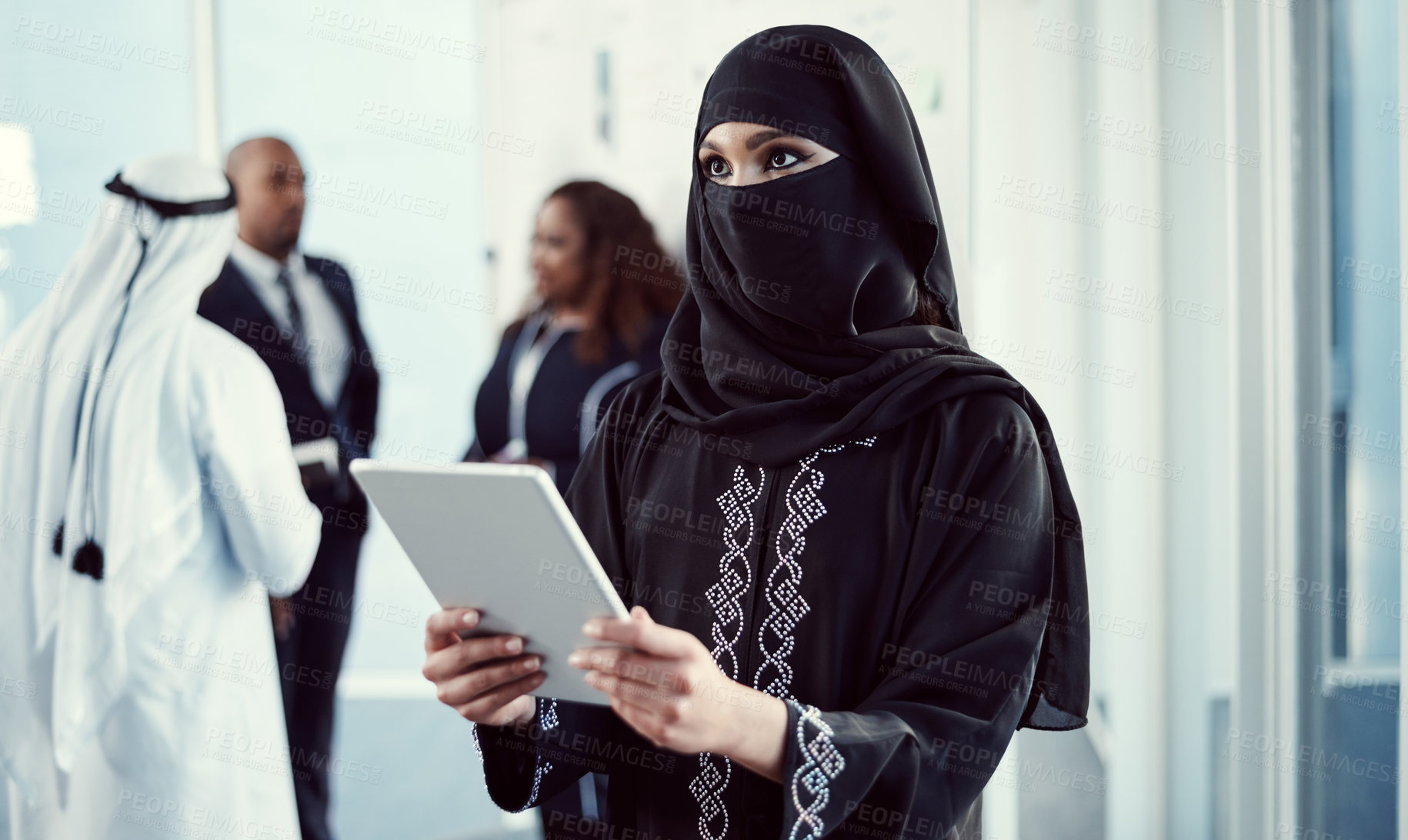 Buy stock photo Thinking, tablet and business with Muslim woman at conference for middle east advisor, research and b2b. Global seminar, online report and reflection with person with niqab for Arab representative