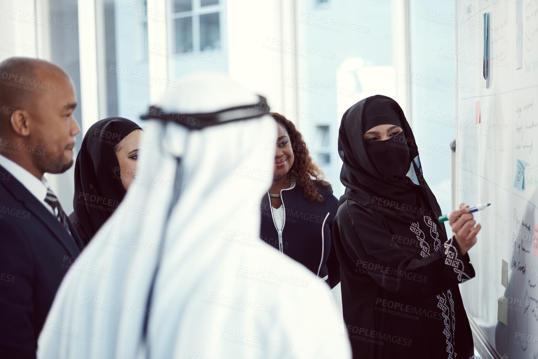 Buy stock photo Presentation, whiteboard and coaching with business people in meeting for planning, investor and team. Speaker, training and workshop with employees for discussion, stakeholder and brainstorming