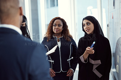 Buy stock photo Speaker, whiteboard and team with business people in meeting for planning, investor and coaching. Presentation, training and workshop with employees for discussion, stakeholder and brainstorming